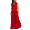 thumbnail image 2 of Girls Summer Clothing Set Double Breasted Sleeveless Lapel Blazer Vest with Pleated Wide Leg Pants 2 Piece Outfits Red 8-9Years, 2 of 9