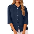 thumbnail image 5 of YOIAVIAOY 3/4 Length Sleeve Womens Tops, Cotton Dressy Casual Blouses for Women, Women's Cotton And Linen Button Pocket Shirt T-shirt Home Casual T-shirt Sky Blue M, 5 of 9
