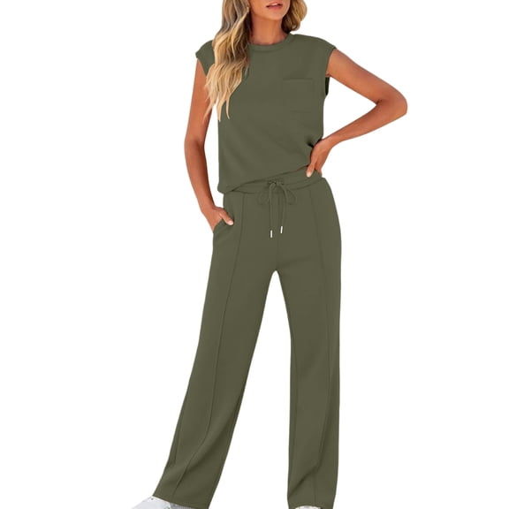 2 Piece of Outfits Casual Plus Size Casual Drawstring Long Pants With Pockets Round Neck Sleeveless High Elasticity Loose Set
