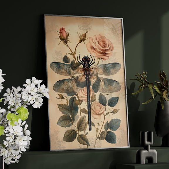 Dragonfly and Roses Wall Art, Neutral Botanical Floral Decor, Unframed Paper Print Size 8x12