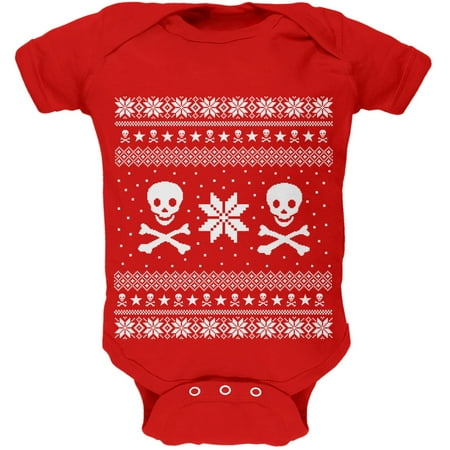 Skull & Crossbones Ugly Christmas Sweater Red Baby One Piece
