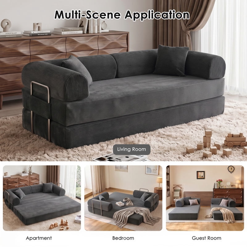Anpport 78.8" Compression Boneless Sectional Sofa, Convertible Floor Sleeper Bed with Pillow Back Armrest, Corduroy Fabric, Grey, for Living Room Bedroom