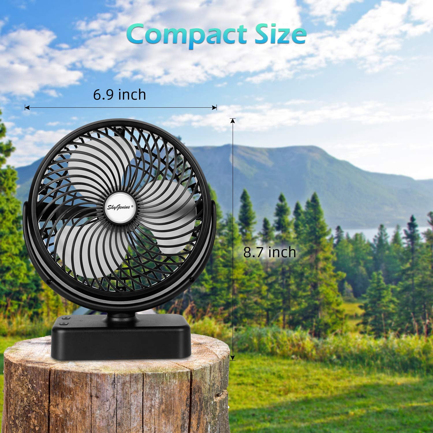 SkyGenius 7 inch Camping Fan with LED Lights USB Rechargeable Mini Desk Fan 4400mAh Battery Operated