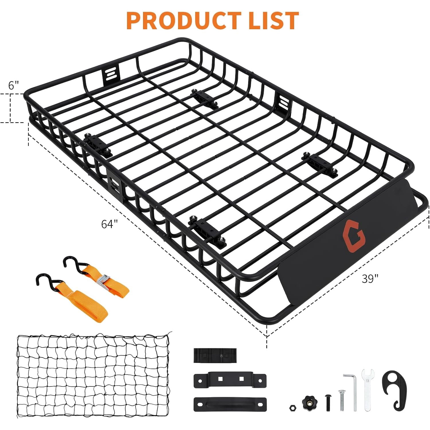 Mescukay 64" x 39" Roof Rack, Heavy Duty Car Rooftop Cargo Carrier Basket with Cargo Net, Luggage Holder Extension for Universal, Pick Up Trucks, 200 lbs Capacity