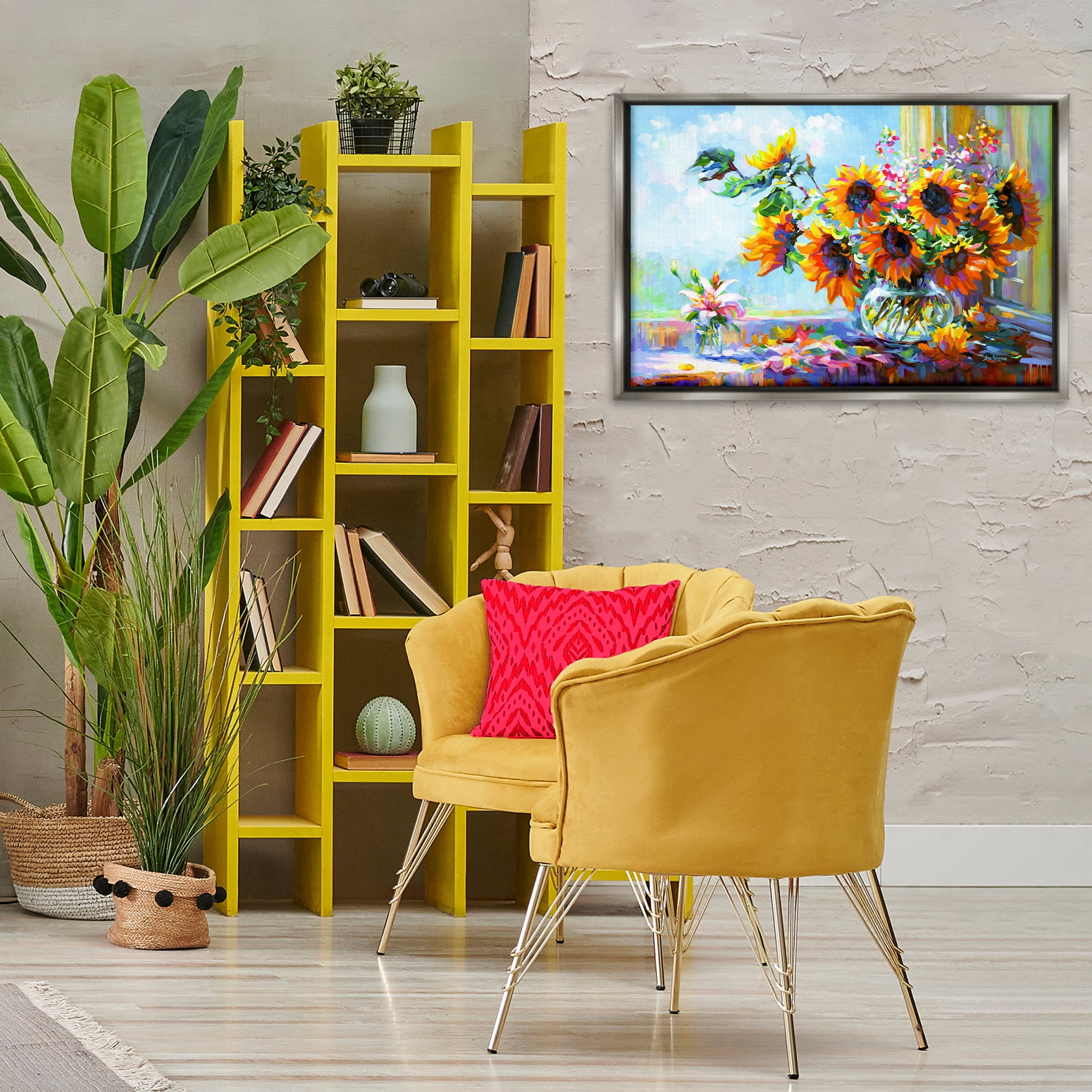 Stupell Industries Sunflowers Morning Glory Botanical & Floral Painting Gray Floater Framed Art Print Wall Art, 31 x 21