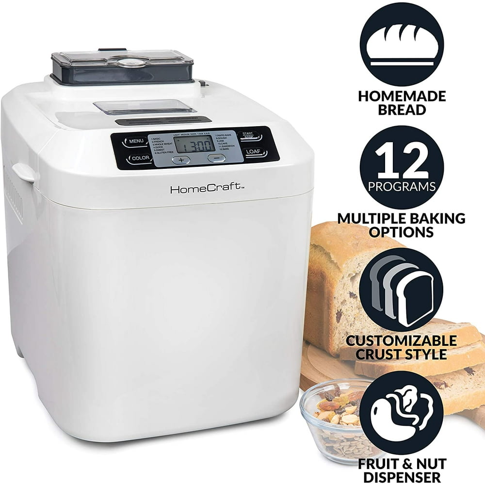 HomeCraft HCPBMAD2WH Bread Maker with Auto Fruit & Nut Dispenser Makes