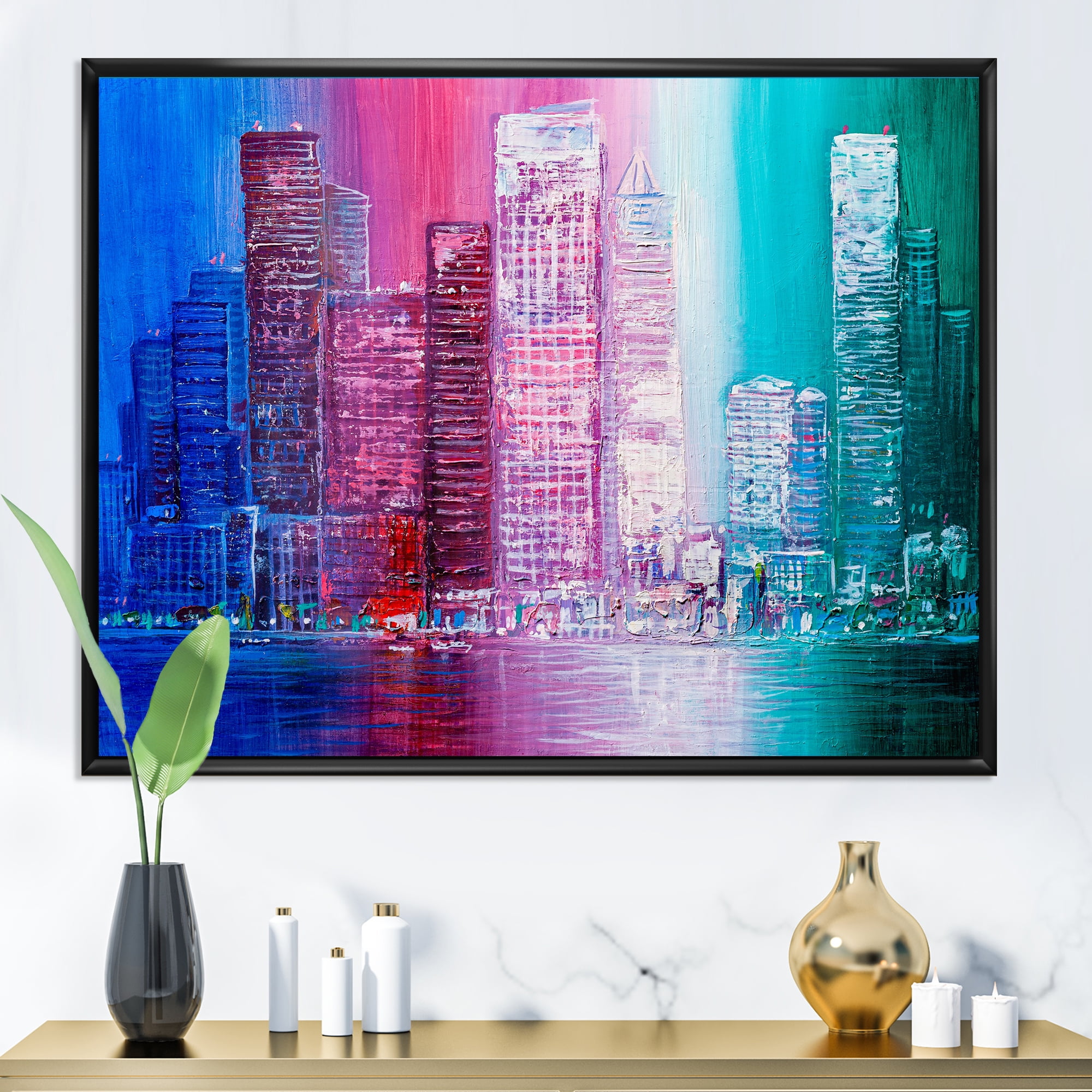 Designart 'Abstract Style Cityscape Panorama Skyscrapers II' Modern Framed Canvas Wall Art Print