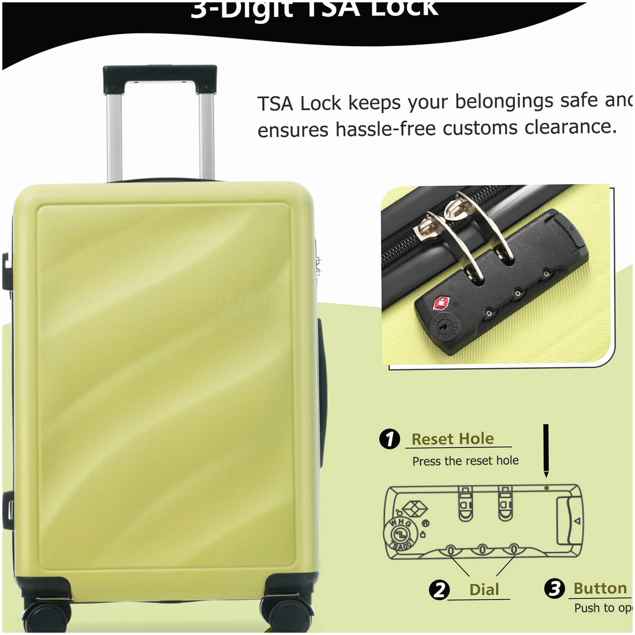 TSA Lock 3-Piece Hardside Spinner Luggage Set, Lightweight Tea Green ABS Suitcases for Men and Women