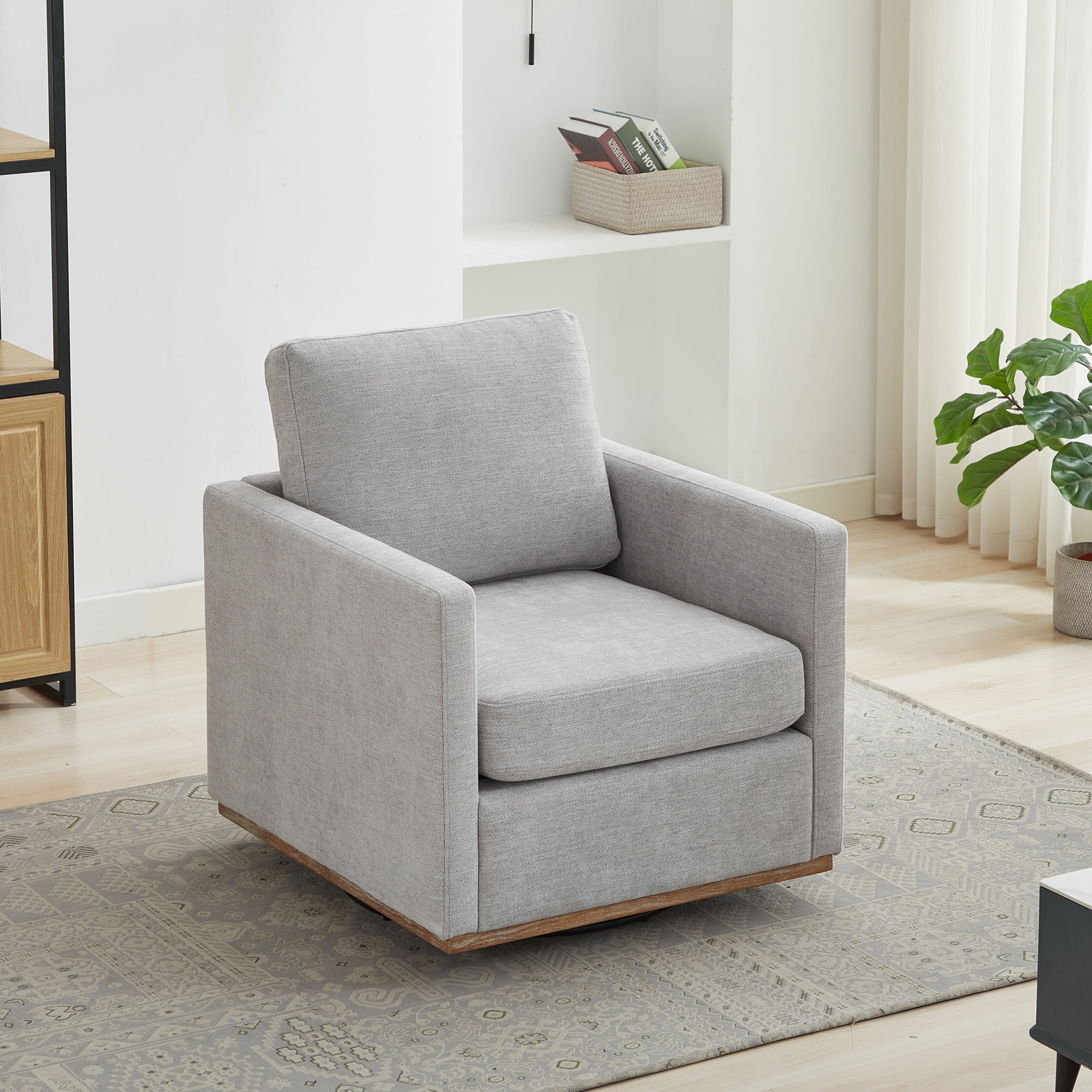 360° Swivel Accent Chair Chenille Arm Chair Upholstered Single Sofa Chair with Wooden Base,Club Lounge Reading Armchair for Living Room Bedroom Apartment,Light Gray