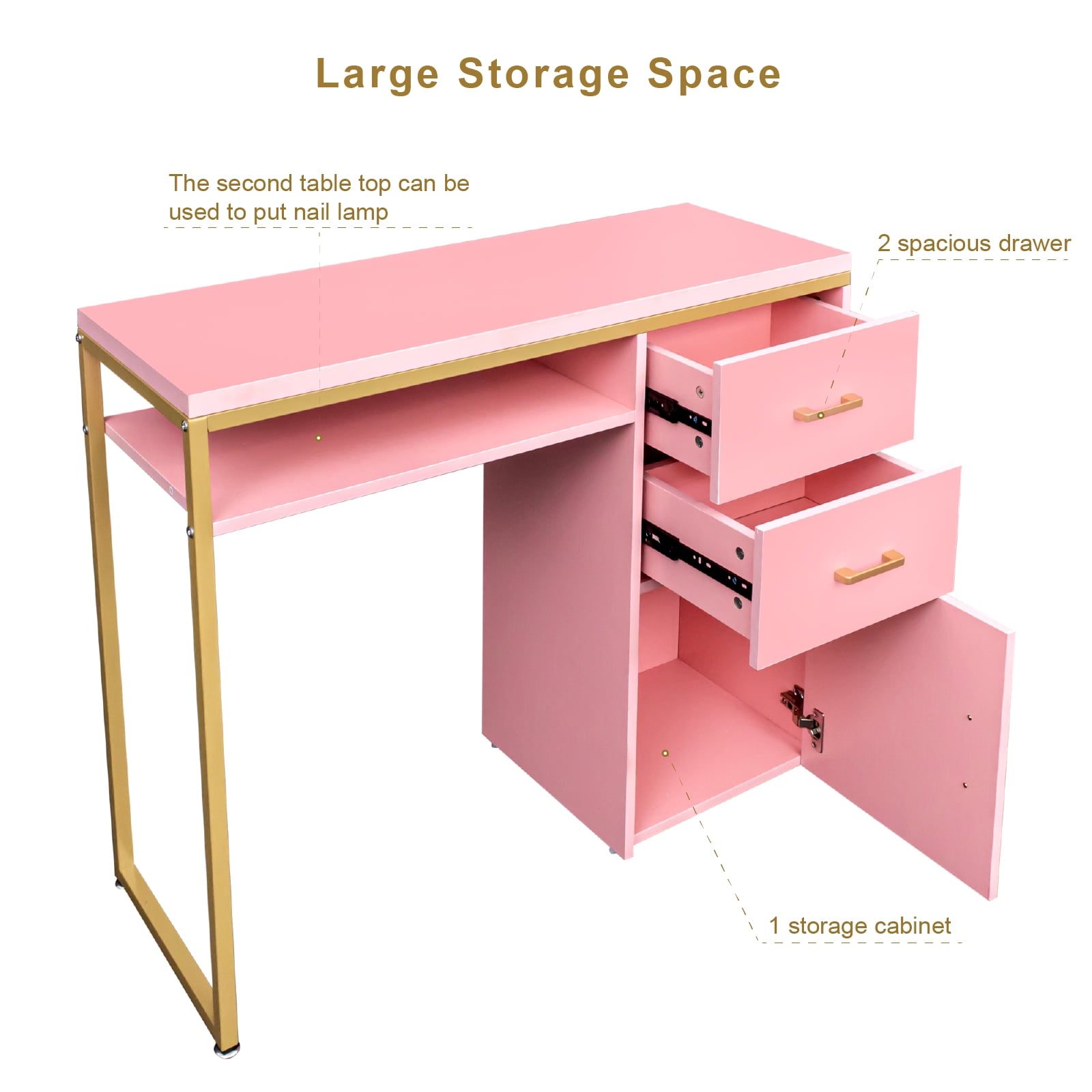 Ktaxon Salon Manicure Table Nail Desk for Nail Tech with Chipboard Top 2 Drawers Iron Frame, Pink