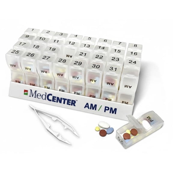MedCenter AM/PM Pill Organizer – 31 Day Monthly Pill Box with 2 Daily Compartments FSA/HSA, Easy-Open Lids, Tweezers – For Vitamins & Prescriptions