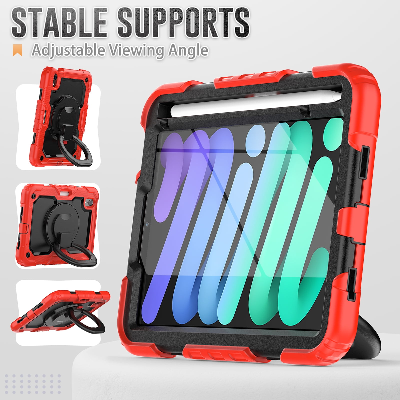 iPad Mini 6 Case 2021, Dteck 360 Rotating Heavy Duty Shockproof with Rugged Stand Pencil Holder for Kids Case for iPad Mini 6th Generation 8.3 Inch - Shoulder Strap, Screen Protector, Red