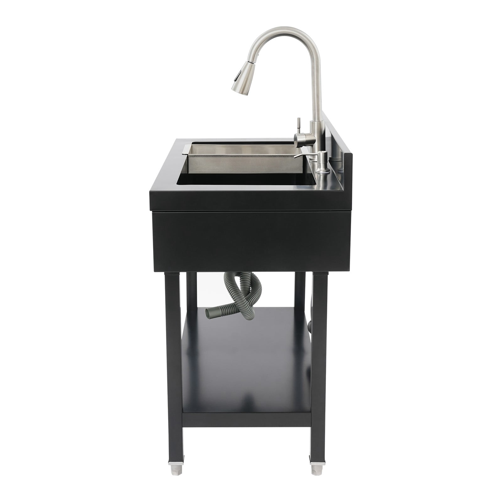 Freestanding Sink, Kitchen Sink, Black Stainless Utility Laundry Basin, 35.4”, 201 Steel, 360° Swivel Pull-Out Faucet, Dual Water Modes, Hot & Cold, Storage Shelf, Draining Basket, Durable