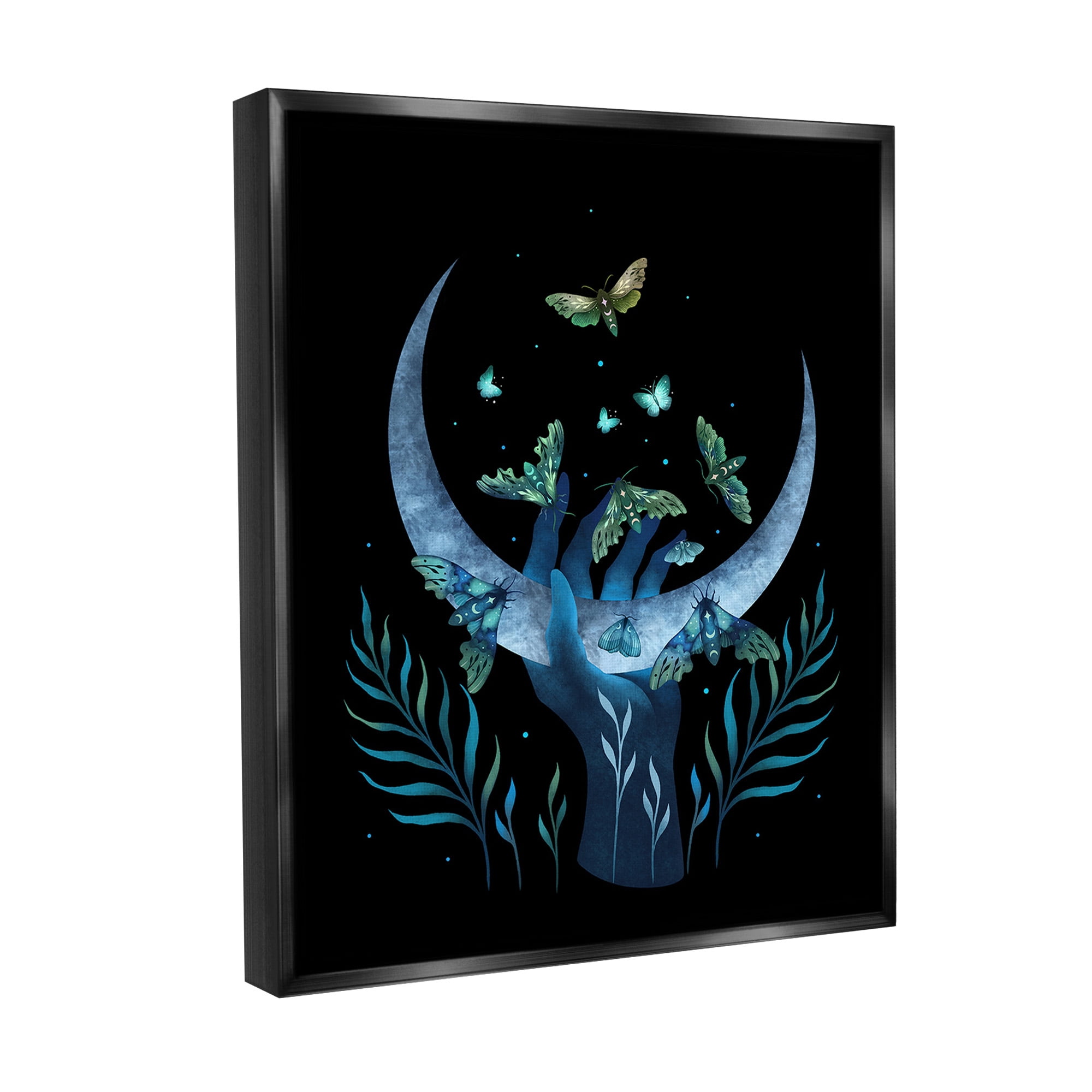 Stupell Industries Holding Moon with Moths Animals & Insects Painting Black Floater Framed Canvas Art Print Wall Art, 25 x 31