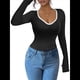 thumbnail image 2 of Camisetas Ajustadas con Cuello en Forma de Corazón para Mujer, Tops de Punto Acanalado con Mangas Largas Acampanadas Negro L, 2 of 7
