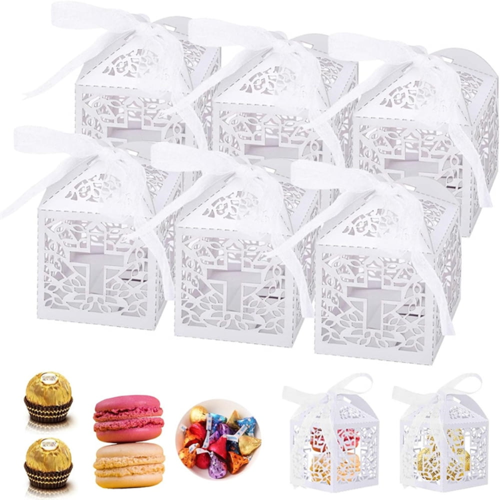 Baptism Favors Set, Acrylic Rosary Beads Faux Pearls with Organza Bags and Cross Baptism Favor Boxes Recuerdo for Christening Weddings Party Favors