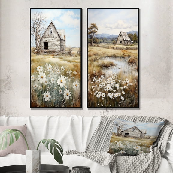 Designart "Quiet Retreat at the Farmhouse II" Farm Framed Wall Art Set Of 2 - White Landscapes Framed Wall Art Set Of 2