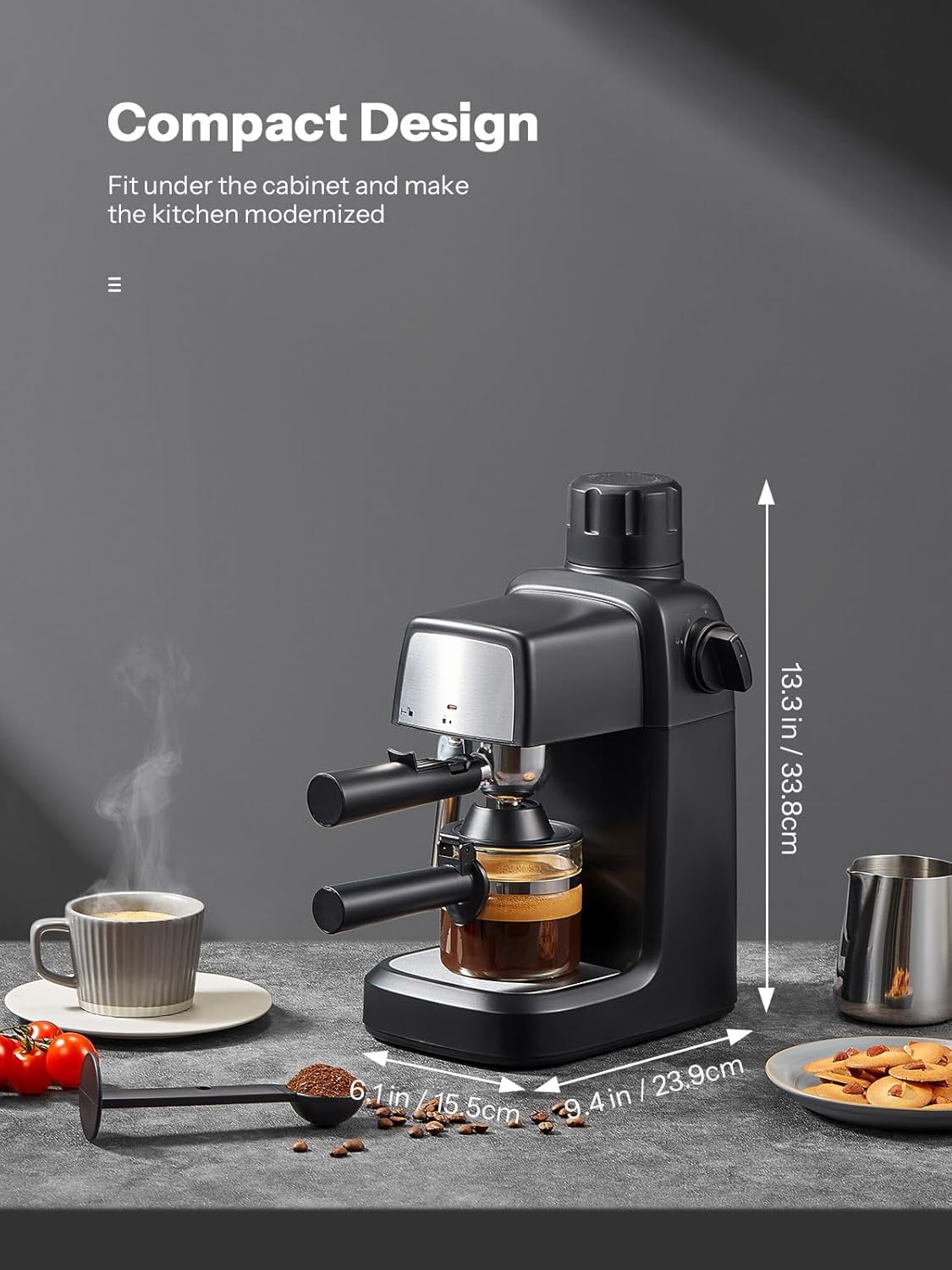 Gourmia 4-Shot Steam Espresso, Cappuccino, and Latte Maker with