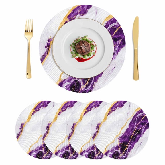Marble Purple Round 15 Inch Placemats Set of 4, Gold Foil Ceramic Style Cracks Scratches HeatResistant Non Slip Place Mats for Dining Table, Wipeable Braided Kitchen Table Mats for Housewarming