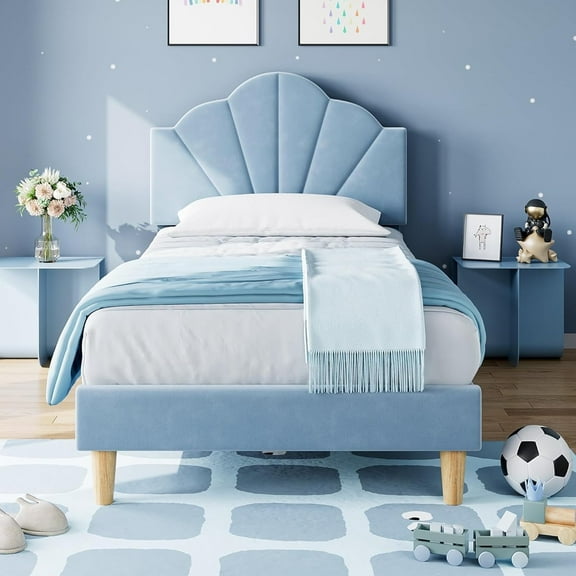 Jojoka Velvet Upholstered Twin Size Bed Frame with Adjustable Headboard, Cute Platform with Strong Wooden Slats Support, No Box Spring Needed, Easy Assembly, for Boys & Girls, Black