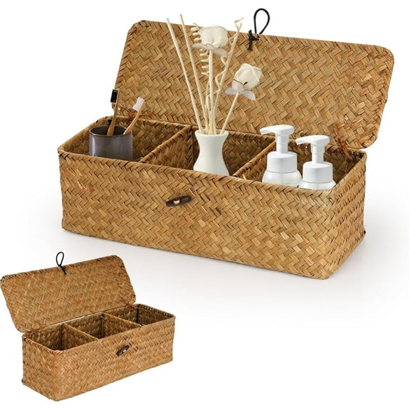 Yahome 1Pcs Seagrass Woven Storage Basket with Lid Wicker Shelves Storage Baskets with 3-Section Toilet Paper Basket Holder for Bathroom Table