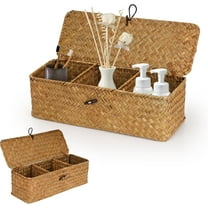 Yahome 1Pcs Seagrass Woven Storage Basket with Lid Wicker Shelves Storage Baskets with 3-Section Toilet Paper Basket Holder for Bathroom Table
