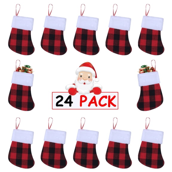 24 Pack Mini Christmas Stockings, 7 inches Buffalo Plaid with Plush Cuff Small Stockings, Xmas Classic Black Red Plaid Stockings Decorations for Whole Family