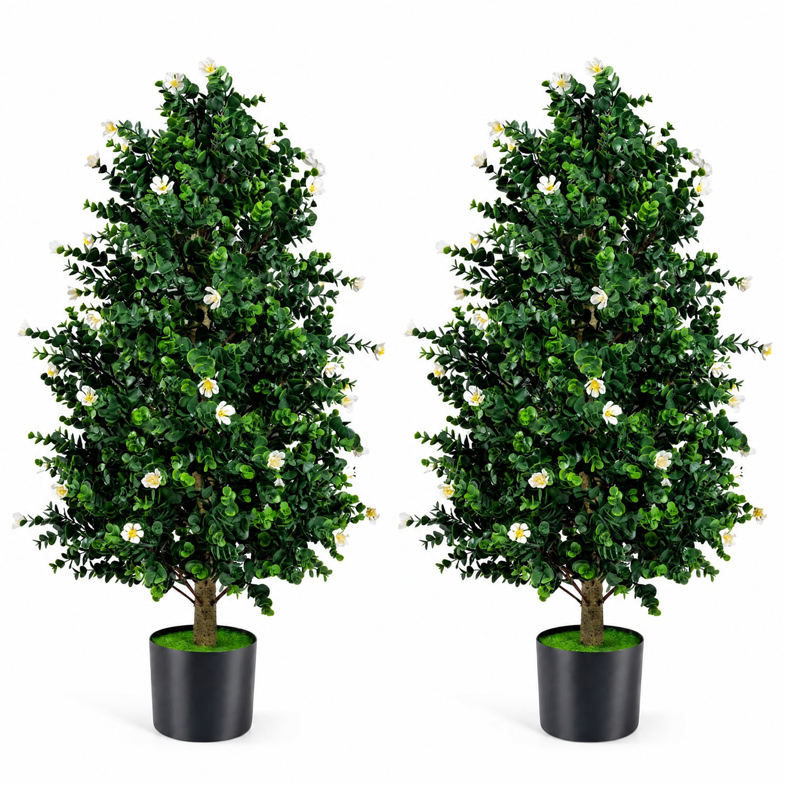 Vebreda Artificial Plant Decor, 2 Pack Artificial Topiary Cone Tree Faux Potted Shrub Plant with 49 Flowers, Lifelike Greenery Display