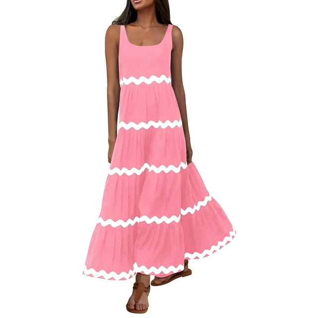 Yuyuzo Robe de Plage pour Femmes Sans Manches à Encolure Carrée, Robes Débardeur à Rayures, Robe Maxi Bohème Fluide
