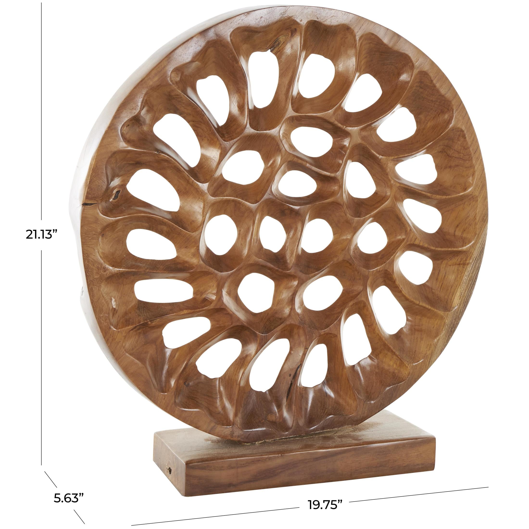 20" x 21" Brown Teak Wood Handmade Circular Cutout Abstract Sculpture, by DecMode