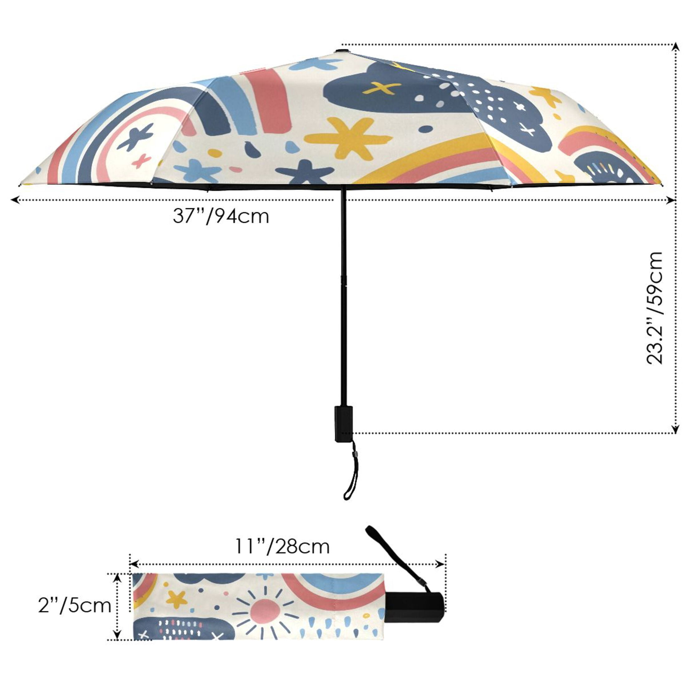 Rainbows Clouds Stars Sun Doddle All Weather Umbrella Triple Folding Parasol 6 Ribs UV Protection Portable