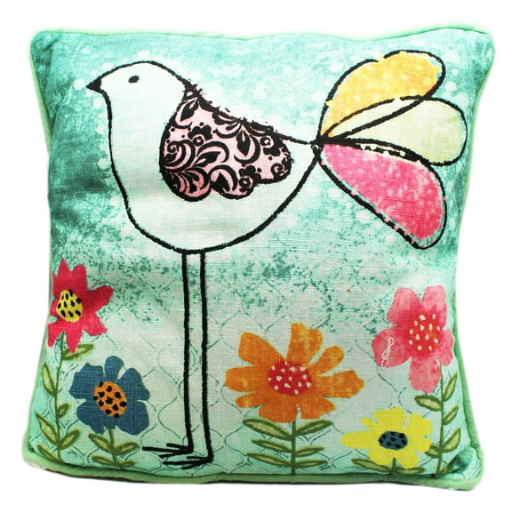 Simply Drawn Tall Bird and Lovely Flowers Canvas Pillow - By Ganz