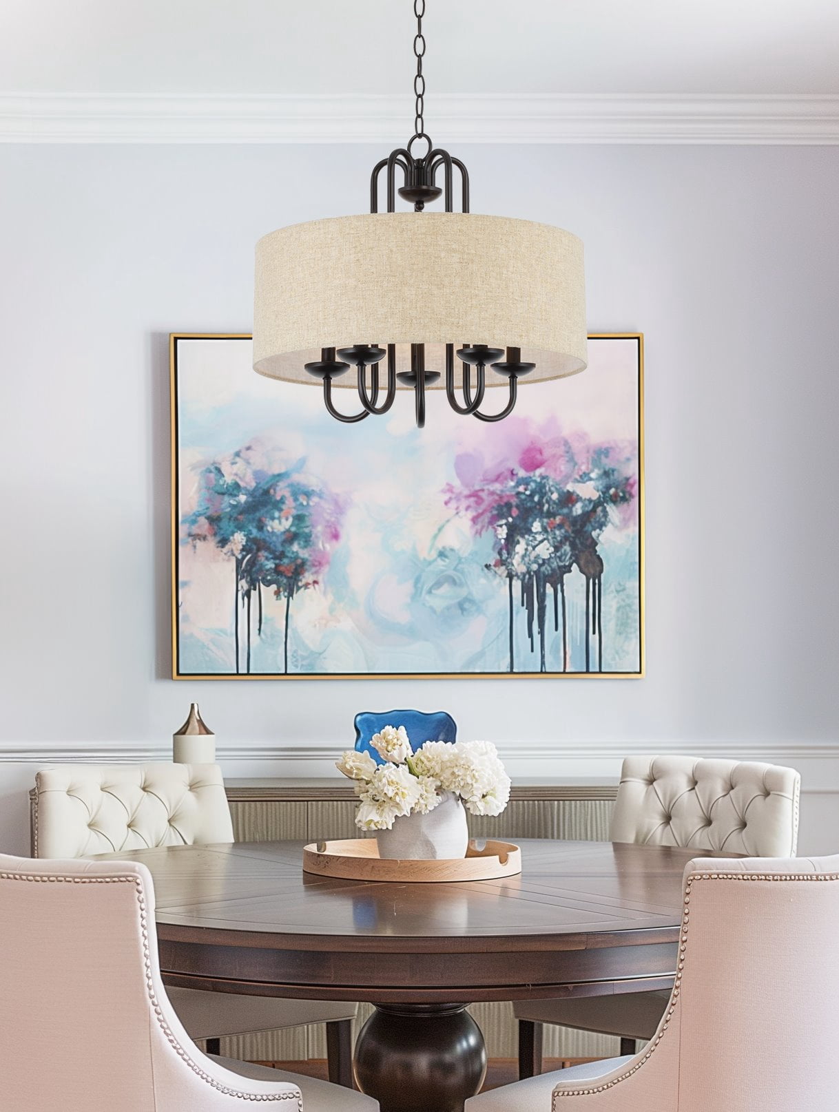 Kira Home Gwenyth 20" Farmhouse Drum Chandelier, Oatmeal Linen Shade, Rustic Arched Metal Hanging, Oil Rubbed Bronze