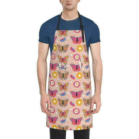 

Qekee colorful Butterfly Daisy Print Waterproof Apron with Pockets Adjustable Cooking Aprons Kitchen Bib for Baking Household Cleaning