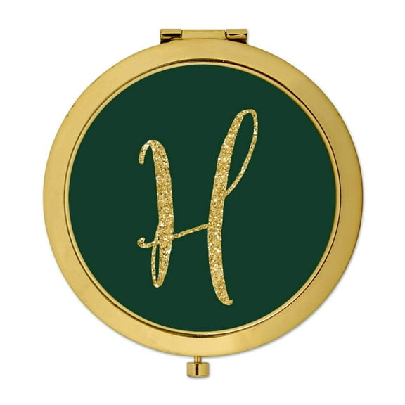 Koyal Wholesale Gold Compact Mirror Bridesmaid's Wedding Gift, Emerald Green, Monogram Letter H, 1-Pack