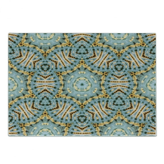 Boho Cutting Board, Boho Pattern with Odd Geometric Triangles Shapes Oriental Art Print, Decorative Tempered Glass Cutting and Serving Board, Small Size, Blue Yellow, by Ambesonne