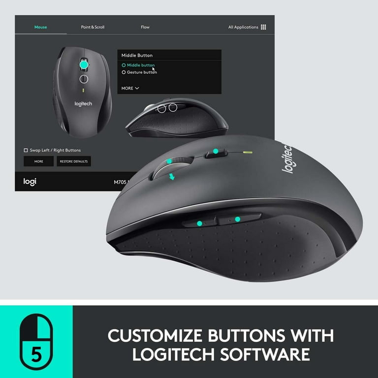 Logitech M705 Marathon Wireless Mouse, 2.4 GHz USB Unifying Receiver, 1000 DPI, 5-Programmable Buttons, 3-Year Battery, with PC, Mac, Chromebook - Black - Ships in White Box Walmart.com