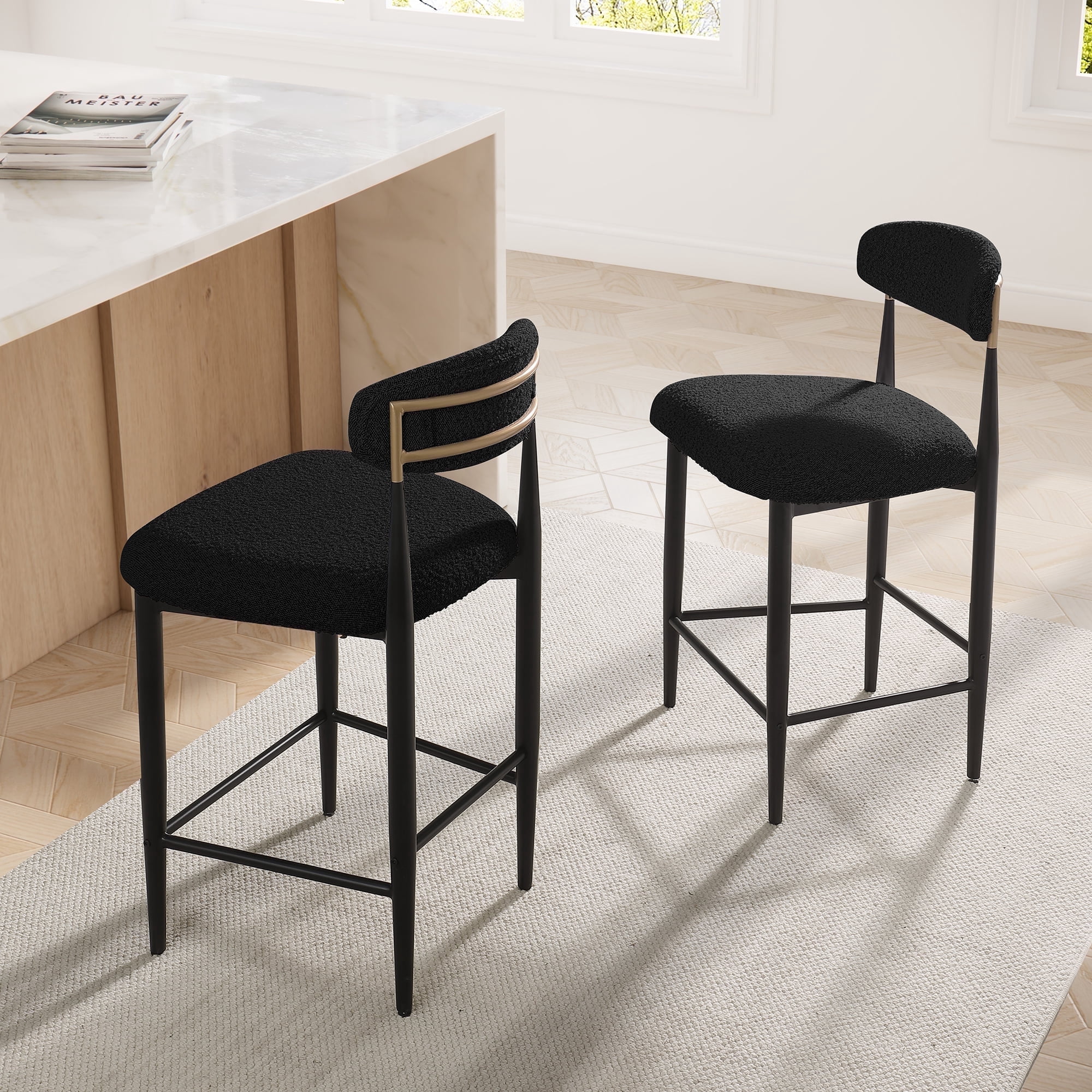 Morden Fort Counter Height Bar Stools Set of 2, 26" Boucle Barstools with Backrest and Metal Legs, Island Chairs for Kitchen Island, Dining Room
