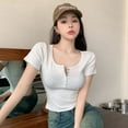 thumbnail image 2 of T-shirts Courts en Coton pour Femmes, Noirs, Couleur Unie, Col Rond, Manches Courtes Serrées, Mode, Tops de Rue, 2 of 5