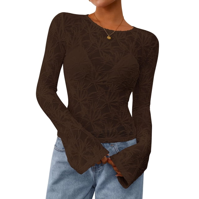 Blusa PRETTYGARDEN de Encaje con Mangas Acampanadas Largas Marrón M