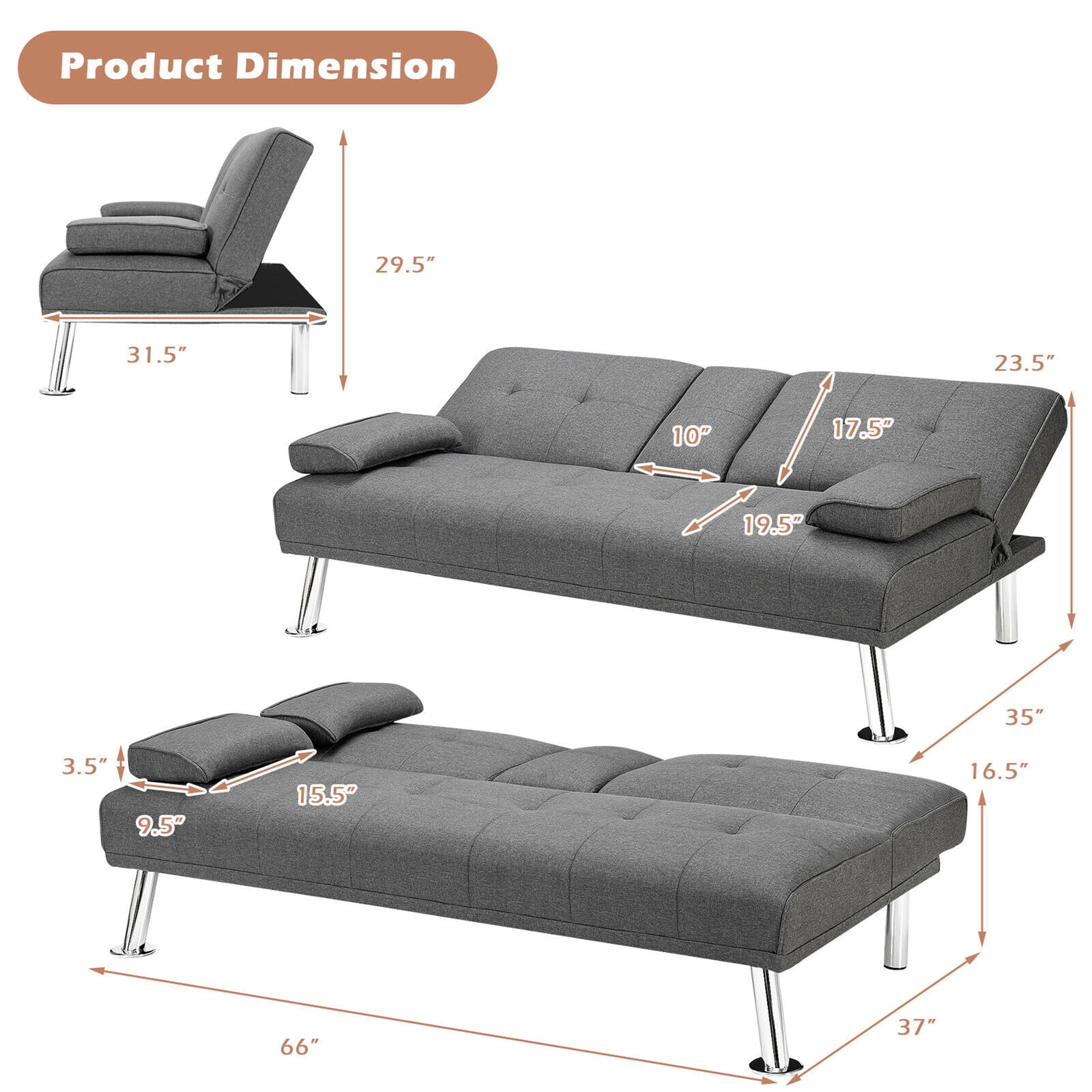 Gymax Folding Futon Sofa Bed Fabric w/2 Cup Holders Light Gray