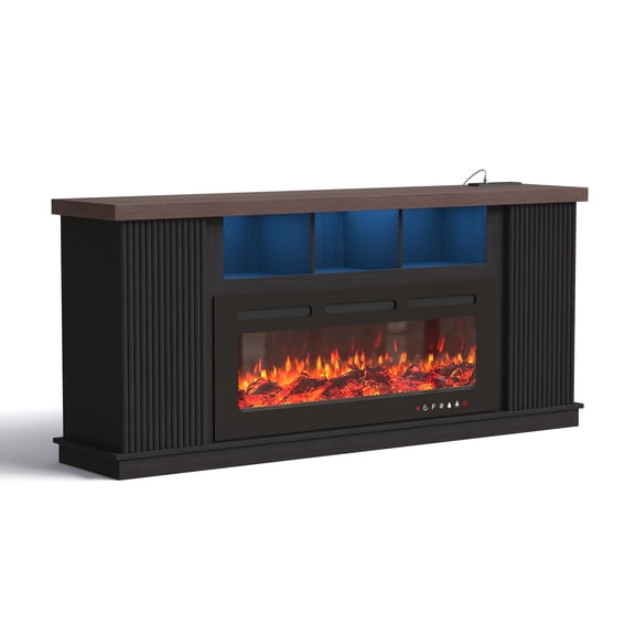 BUPPLEE 70" Fireplace TV Stand with Electric Fireplace & LED Light Bar, Entertainment Center for TVs up to 80", Media Console with Adjustable Storage, Dark Walnut