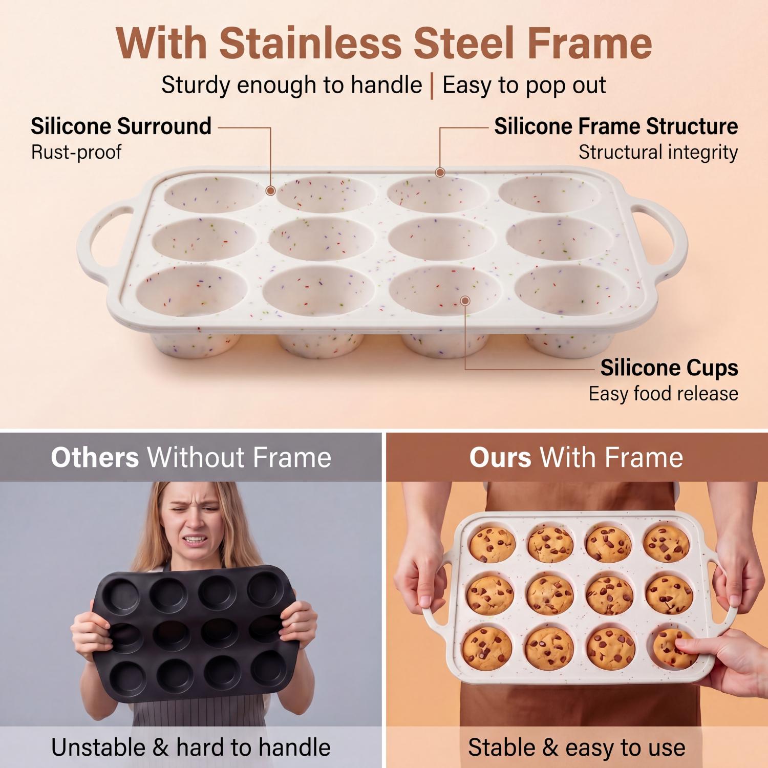 AMBLER Silicone Muffin Pan, 12-Cup with Metal Frame, Off-White photo 8