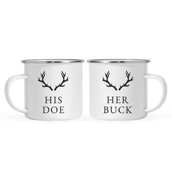 Koyal Wholesale Stainless Steel Campfire Coffee Mugs Gift Set, His Doe, Her Buck, Deer Antlers Graphic, 2-Pack