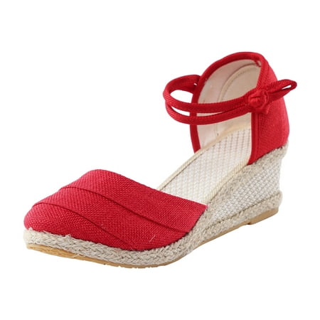 

GNEIKDEING Women Ripple Linen Sandals Platform Wedge Sandals Versatile Braided Buckle Breathable Wedge Sandals Gift on Clearance