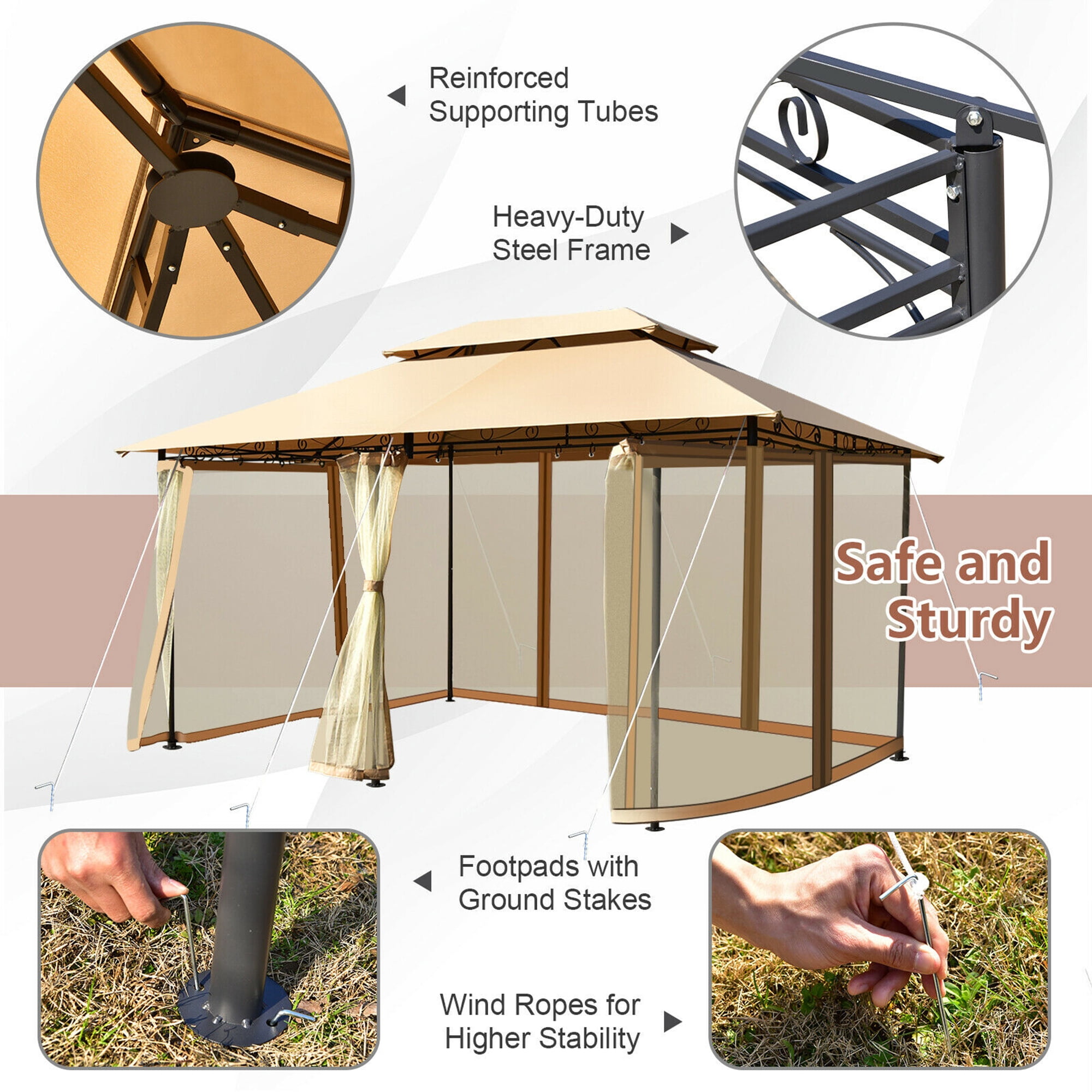 Gymax 2-Tier 10'x13' Steel Gazebo Canopy Tent Shelter Patio Garden Outdoor Netting Tan