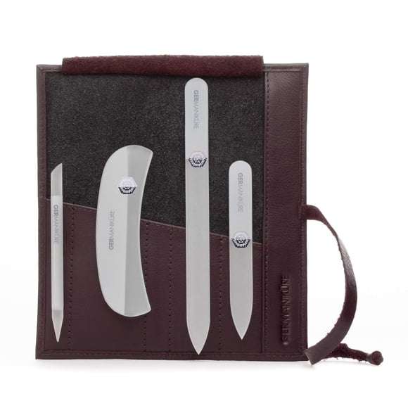 GERMANIKURE Juego de limas de uñas de cristal en estuche de cuero morado berenjena - Hecho a mano en la República Checa - Suministros profesionales de manicura y pedicura - Lima de cristal para cutícu