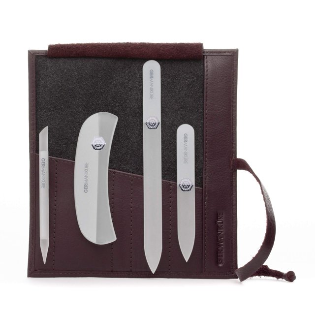 GERMANIKURE Juego de limas de uñas de cristal en estuche de cuero morado berenjena - Hecho a mano en la República Checa - Suministros profesionales de manicura y pedicura - Lima de cristal para cutícu