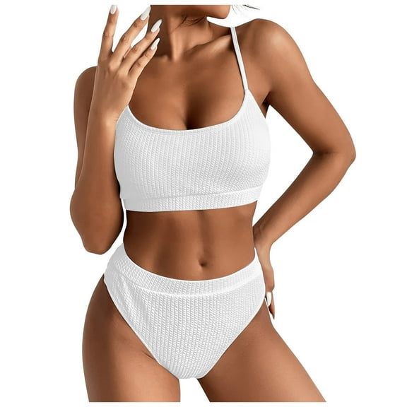WREESH Womens Two Piece Swimsuit High Waisted Swimsuit High Waist Lace Up Bikini Swimsuit Color Backless Belted Swimsuit Beach Bathing Suit White