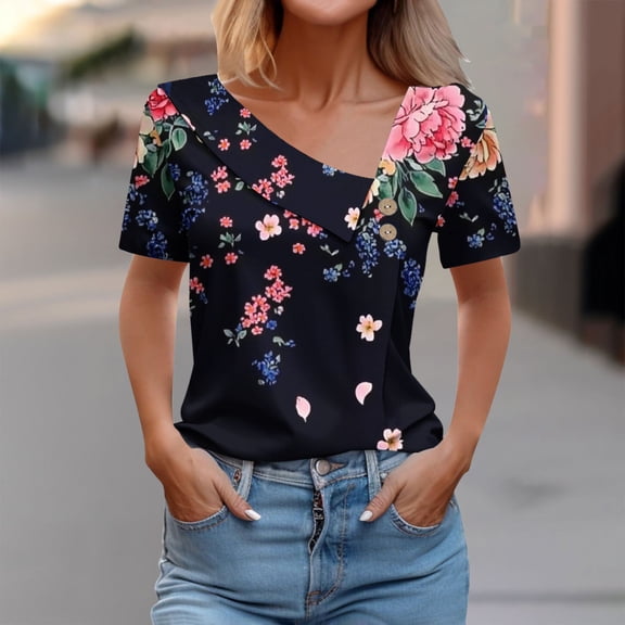 Uootdi Cute Summer Tops Asymmetrical V Neck Short Sleeve Button Detail Floral Print Womens Tops Relaxed Fit Lightweight Womens Blouses for Women